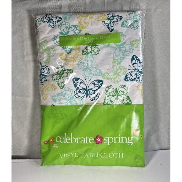 Celebrate Spring Vinyl Tablecloth 52x70 Oval POLY BACK Kmart With butterfly NEW - Picture 1 of 6